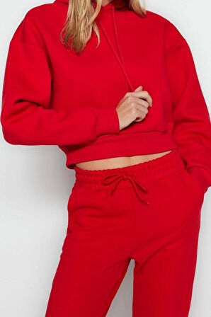 Kadın Moda Relaxed Kapüşonlu Düşük Kol Crop Kalın İçi Polarlı Rahat Kesim Crop Basic Örme Sweatshirt