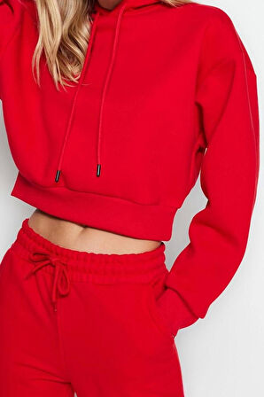 Kadın Moda Relaxed Kapüşonlu Düşük Kol Crop Kalın İçi Polarlı Rahat Kesim Crop Basic Örme Sweatshirt