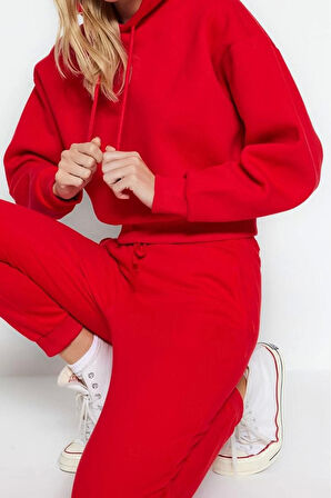 Kadın Moda Relaxed Kapüşonlu Düşük Kol Crop Kalın İçi Polarlı Rahat Kesim Crop Basic Örme Sweatshirt