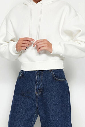 Kadın Moda Relaxed Kapüşonlu Düşük Kol Crop Kalın İçi Polarlı Rahat Kesim Crop Basic Örme Sweatshirt