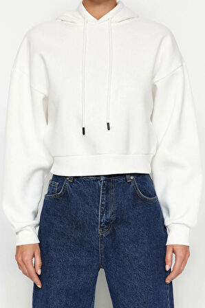 Kadın Moda Relaxed Kapüşonlu Düşük Kol Crop Kalın İçi Polarlı Rahat Kesim Crop Basic Örme Sweatshirt