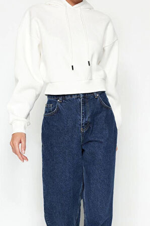 Kadın Moda Relaxed Kapüşonlu Düşük Kol Crop Kalın İçi Polarlı Rahat Kesim Crop Basic Örme Sweatshirt