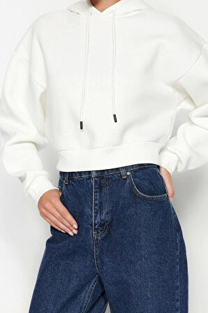 Kadın Moda Relaxed Kapüşonlu Düşük Kol Crop Kalın İçi Polarlı Rahat Kesim Crop Basic Örme Sweatshirt