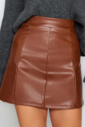 Kadın Moda Stil Mini Astarsız Örme Suni Deri Yüksek Bel Etek