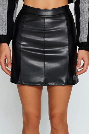 Kadın Moda Stil Mini Astarsız Örme Suni Deri Yüksek Bel Etek