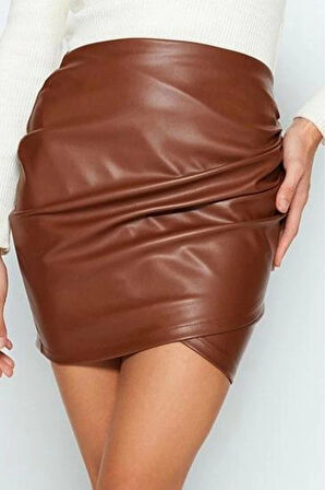Kadın Moda Stil Mini Astarsız Örme İçi Şardonlu Suni Deri Drapeli Yüksek Bel Vücuda Oturan Etek