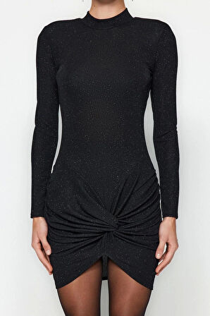 Kadın Moda Şık Mini Boy Dik Yaka Fitted Vücuda Oturan Parıltılı Simli Örme Kısa Şık Abiye Elbise