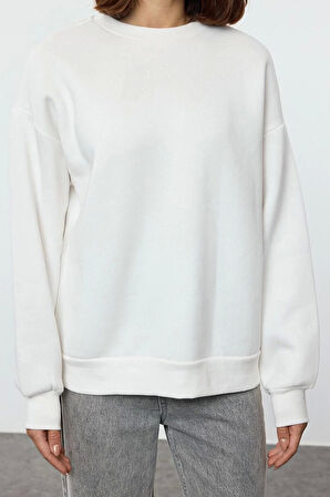 Kadın Moda Oversize Bisiklet Yaka Düşük Kol Uzun Rahat Kesim Basic Kalın İçi polarlı Örme Sweatshirt