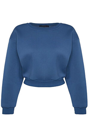 Kadın Moda Şık Crop Dik Yaka Düşük Kol Crop Rahat Kesim Crop Basic Kalın İçi polarlı Örme Sweatshirt