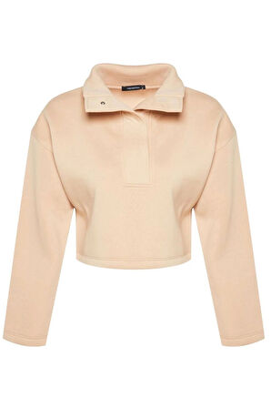Kadın Crop Dik Yaka Standart Kol Crop Rahat Kesim Crop Çıtçıtlı Kalın İçi Polarlı Örme Sweatshirt