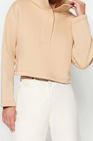 Kadın Crop Dik Yaka Standart Kol Crop Rahat Kesim Crop Çıtçıtlı Kalın İçi Polarlı Örme Sweatshirt