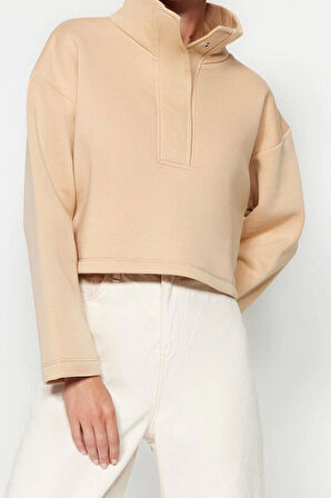 Kadın Crop Dik Yaka Standart Kol Crop Rahat Kesim Crop Çıtçıtlı Kalın İçi Polarlı Örme Sweatshirt