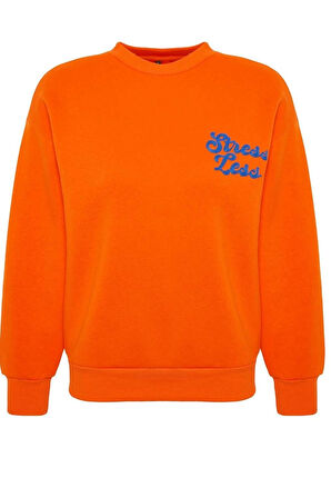 Kadın Bisiklet Yaka Düşük Kol Kalın İçi Polarlı Slogan Nakışlı Normal Kalıp Örme Sweatshirt