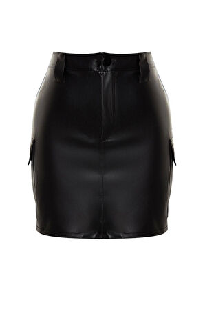 Kadın Moda Stil Mini Astarsız Örme Suni Deri Kargo Cepli Yüksek Bel Vücuda Oturan Mini Örme Etek