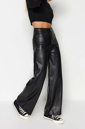Kadın Yeni Moda Geniş Paça Uzun Boy Örme Suni Deri Wide Leg Cep Detaylı Örme Pantolon