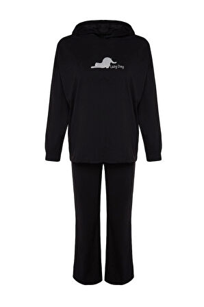 Kadın Moda Kapüşonlu Geniş Paça Uzun Kol Pamuklu Kedi Baskılı Sweatshirt-Pantolon Örme Pijama Takımı