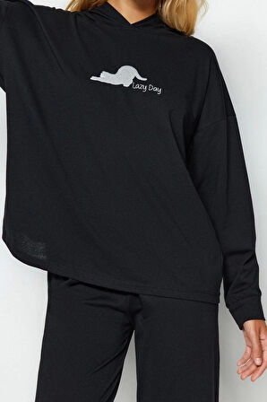 Kadın Moda Kapüşonlu Geniş Paça Uzun Kol Pamuklu Kedi Baskılı Sweatshirt-Pantolon Örme Pijama Takımı