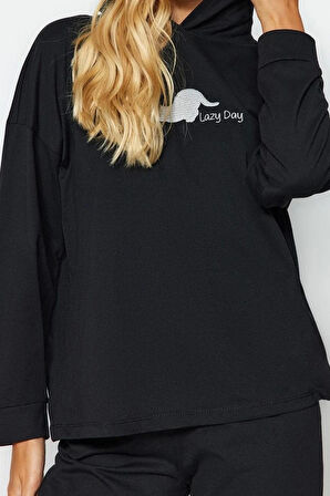 Kadın Moda Kapüşonlu Geniş Paça Uzun Kol Pamuklu Kedi Baskılı Sweatshirt-Pantolon Örme Pijama Takımı