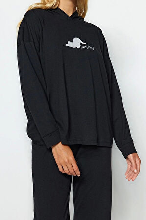Kadın Moda Kapüşonlu Geniş Paça Uzun Kol Pamuklu Kedi Baskılı Sweatshirt-Pantolon Örme Pijama Takımı