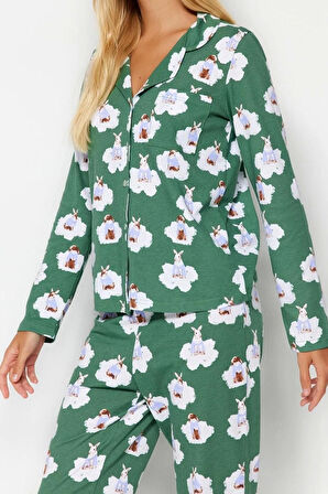 Kadın Boru Paça Uzun Kol %100 Pamuklu Çizgili Kaplan Desenli Gömlek-Pantolon Pijama Takımı