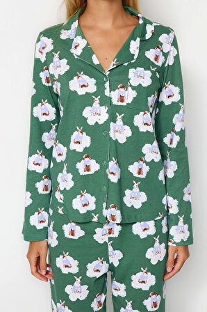 Kadın Boru Paça Uzun Kol %100 Pamuklu Çizgili Kaplan Desenli Gömlek-Pantolon Pijama Takımı