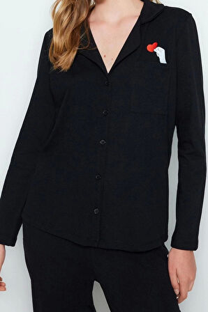 Kadın Moda Gömlek Yaka Boru Paça Uzun Kol Pamuklu Kalp Baskılı Gömlek-Pantolon Örme Pijama Takımı