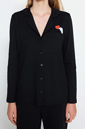 Kadın Moda Gömlek Yaka Boru Paça Uzun Kol Pamuklu Kalp Baskılı Gömlek-Pantolon Örme Pijama Takımı