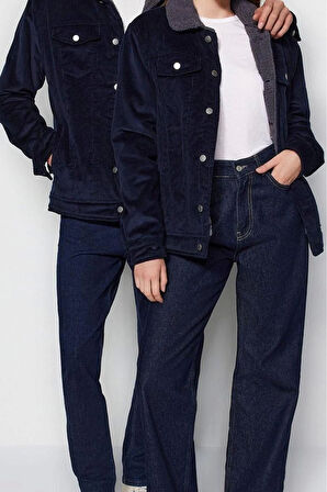 Unisex Moda Şık Regular Gömlek Yaka Standart Düz Astarlı Regular Fit Kadife Kışlık Ceket Mont