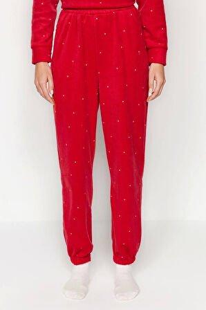 Kadın Moda Şık Bisiklet Yaka Boru Paça Uzun Kol Puantiyeli Polar Kışlık Örme Pijama Takımı