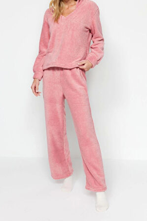 Kadın Moda Şık Kruvaze Boru Paça Uzun Kol Wellsoft Kapüşon Kulak Detaylı Kışlık Örme Pijama Takımı