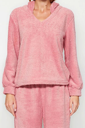 Kadın Moda Şık Kruvaze Boru Paça Uzun Kol Wellsoft Kapüşon Kulak Detaylı Kışlık Örme Pijama Takımı