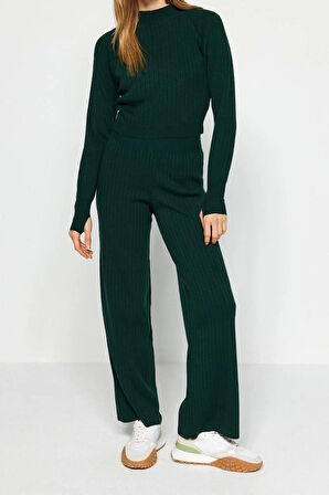 Kadın Moda Şık Boru Paça Crop Boy Uzun Kollu Crop Parmak Detaylı Triko Alt-Üst Takım