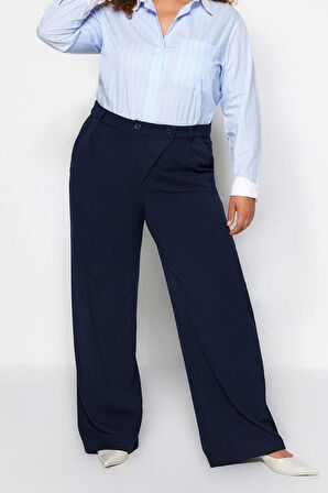 Kadın Büyük Beden Geniş Paça Uzun Boy Dokuma Çift Düğmeli Asimetrik Patlı Bol Paça Kumaş Pantolon