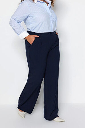 Kadın Büyük Beden Geniş Paça Uzun Boy Dokuma Çift Düğmeli Asimetrik Patlı Bol Paça Kumaş Pantolon