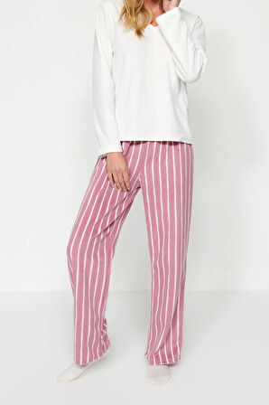 Kadın Moda Şık V Yaka Boru Paça Uzun Kol Beyaz Çizgili Polar Kışlık Örme Pijama Takımı