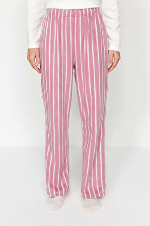 Kadın Moda Şık V Yaka Boru Paça Uzun Kol Beyaz Çizgili Polar Kışlık Örme Pijama Takımı