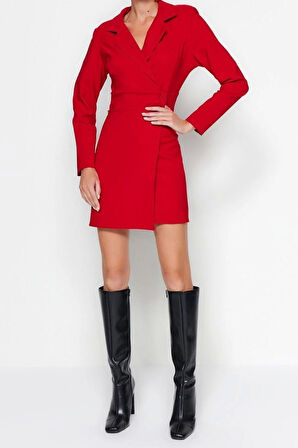 Yeni Regular Gündüz Gece Finike Dokuma Ceket Yaka Uzun Kol Ceket Elbise Mini Boy Elbise