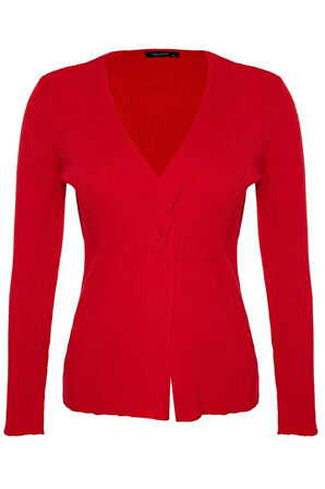 Kadın Büyük Beden Moda Şık Regular V Yaka Uzun Kol Düz Önü Düğüm Detaylı Triko Kazak