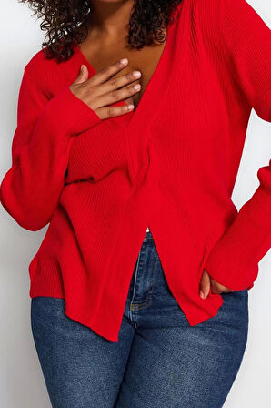 Kadın Büyük Beden Moda Şık Regular V Yaka Uzun Kol Düz Önü Düğüm Detaylı Triko Kazak