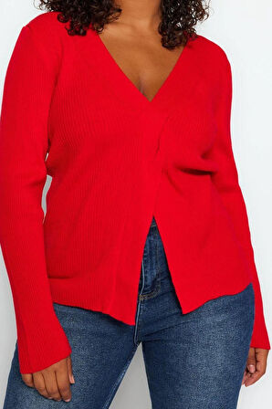 Kadın Büyük Beden Moda Şık Regular V Yaka Uzun Kol Düz Önü Düğüm Detaylı Triko Kazak