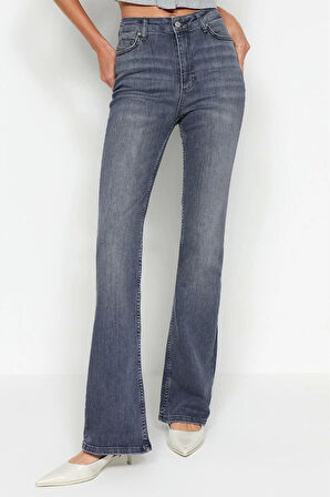 Kadın Moda Şık Kot Pantolon Dar Paça Uzun Boy Denim Gri Yüksek Bel Jeans