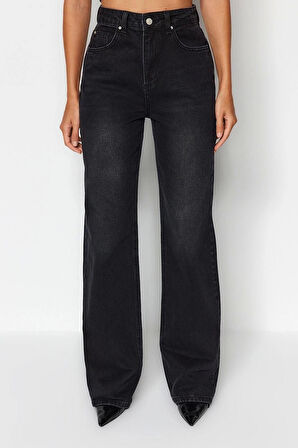 Kadın Moda Şık Kot Pantolon Geniş Paça Uzun Boy Denim Gri Yüksek Bel Jeans