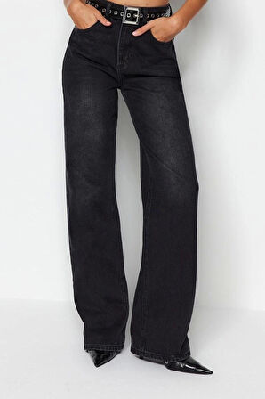 Kadın Moda Şık Kot Pantolon Geniş Paça Uzun Boy Denim Gri Yüksek Bel Jeans