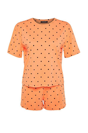 Kadın Bisiklet Yaka Boru Paça Kısa Kol %100 Pamuklu Kalp Desenli T-shirt-Şort Örme Pijama Takımı