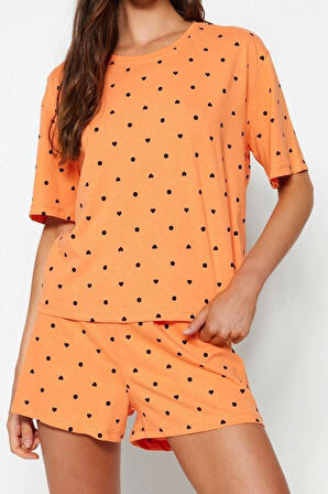 Kadın Bisiklet Yaka Boru Paça Kısa Kol %100 Pamuklu Kalp Desenli T-shirt-Şort Örme Pijama Takımı