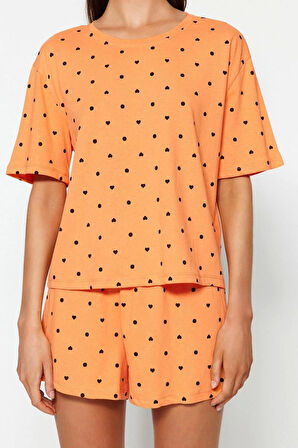 Kadın Bisiklet Yaka Boru Paça Kısa Kol %100 Pamuklu Kalp Desenli T-shirt-Şort Örme Pijama Takımı