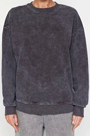 Kadın Moda Bol Bisiklet Yaka Düşük Kol Uzun Eskitme Kalın İçi Polarlı Geniş Kalıp Örme Sweatshirt