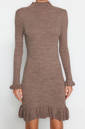 Yeni Regular Casual Günlük Tek Plaka Triko Dik Yaka Uzun Kol Shift Mini Boy Elbise