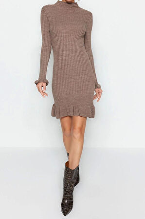 Yeni Regular Casual Günlük Tek Plaka Triko Dik Yaka Uzun Kol Shift Mini Boy Elbise