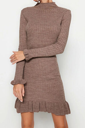 Yeni Regular Casual Günlük Tek Plaka Triko Dik Yaka Uzun Kol Shift Mini Boy Elbise